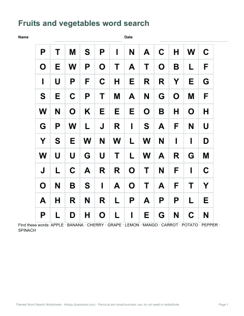 Preview of the first page of Fruits and vegetables word search