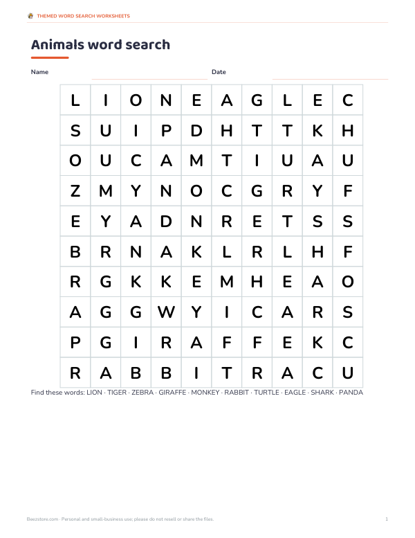 Preview of Printable Animals Word Search