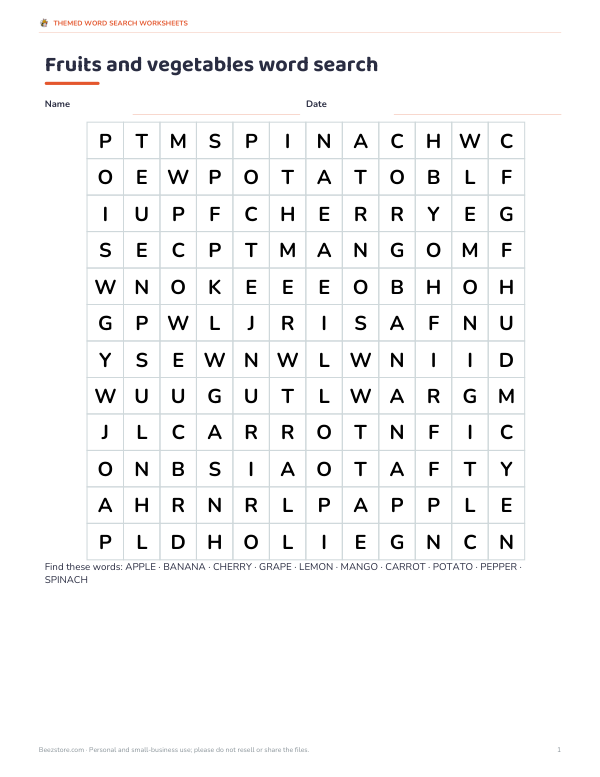Preview of Printable Fruits and Vegetables Word Search