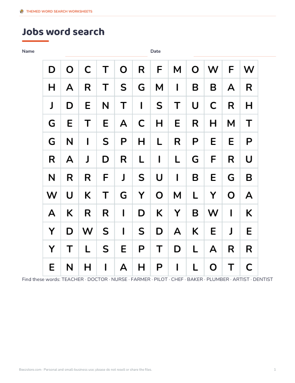 Preview of Printable Jobs Word Search