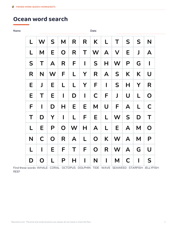 Preview of Printable Ocean Word Search