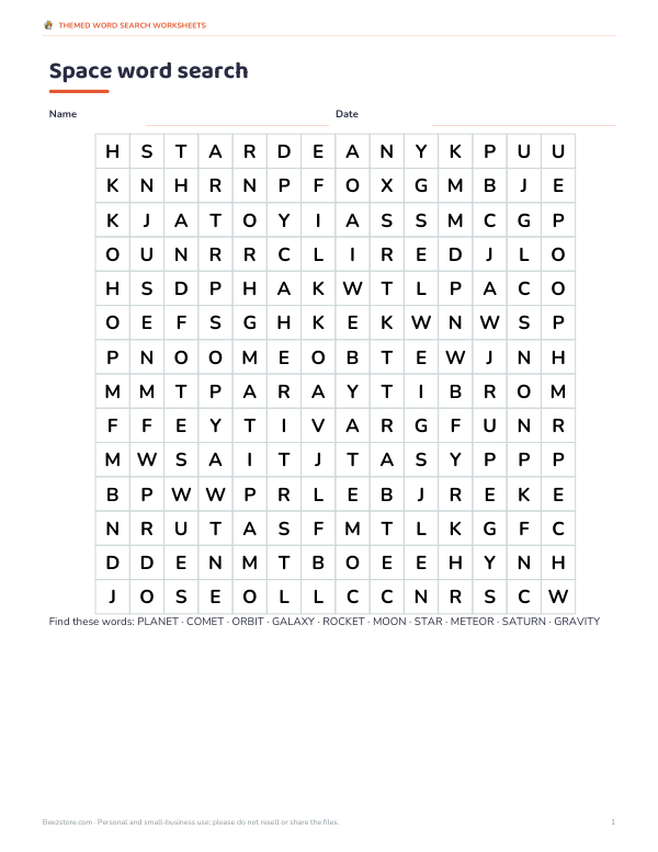 Preview of Printable Space Word Search Worksheet