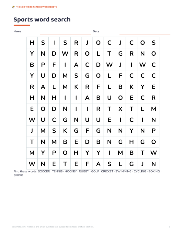 Preview of Printable Sports Word Search