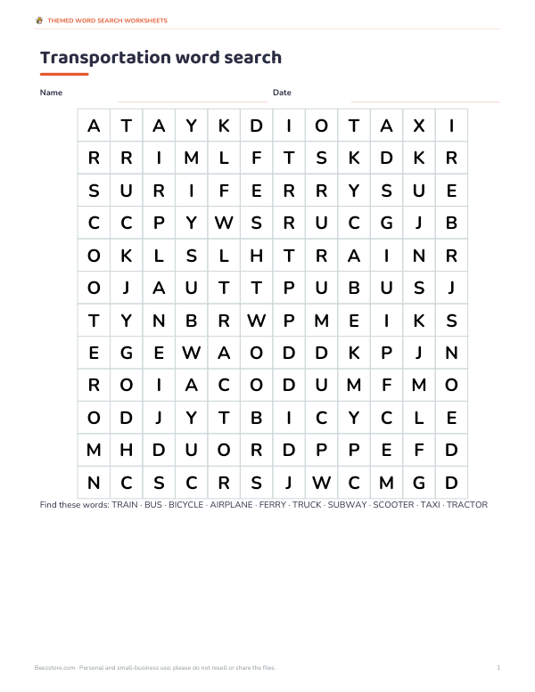Preview of Printable Transportation Word Search