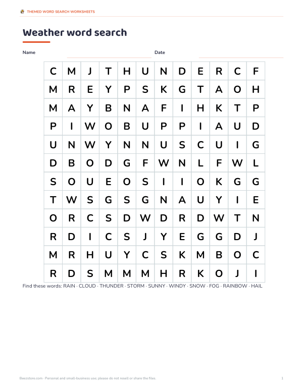 Preview of Printable Weather Word Search Worksheet